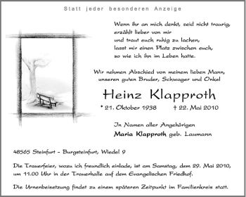 Todesanzeige von Heinz Klapproth von Westfälische Nachrichten