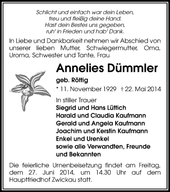 Todesanzeige von Annelies Dümmler von Zwickau