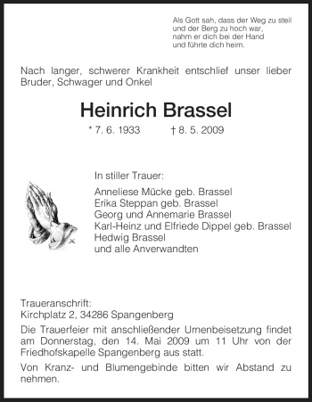 Todesanzeige von Heinrich Brassel von HNA