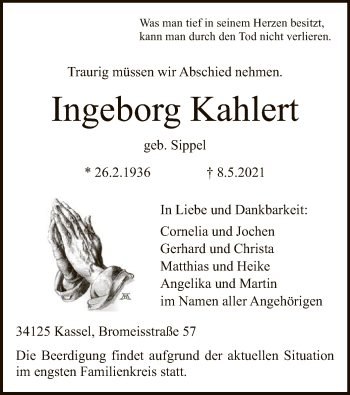 Todesanzeige von Ingeborg Kahlert von HNA