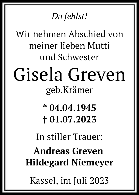 Todesanzeige von Gisela Greven von HNA