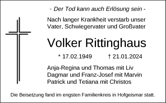 Todesanzeige von Volker Rittinghaus von HNA