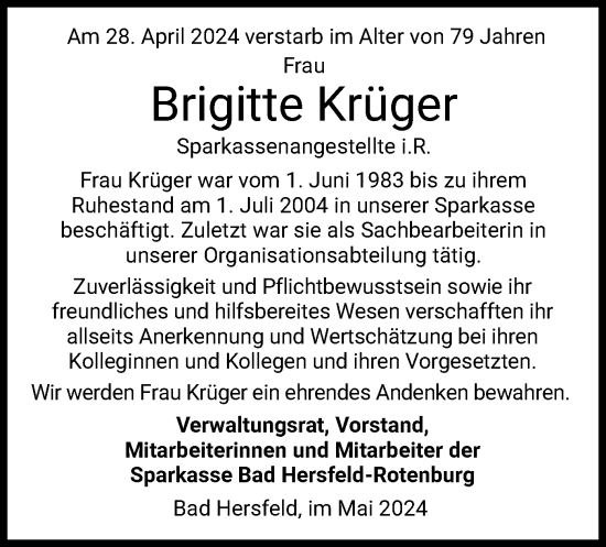 Todesanzeige von Brigitte Krüger von HNA