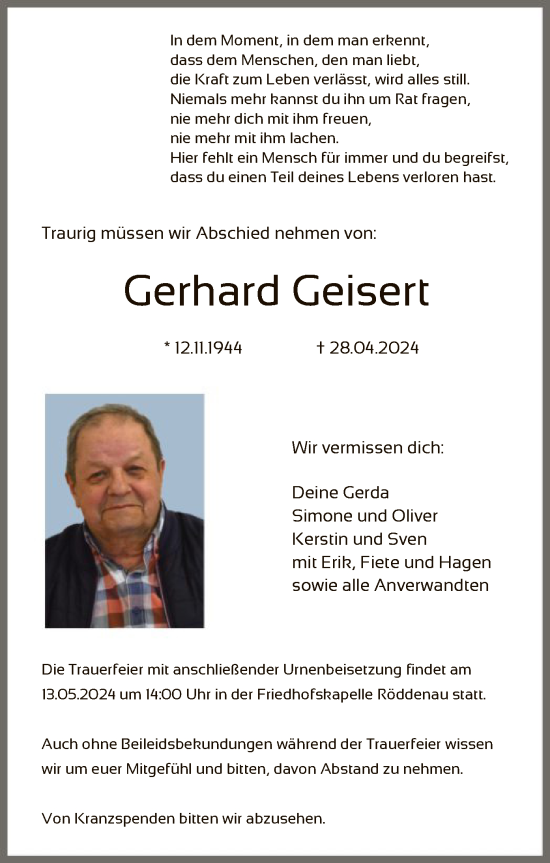 Todesanzeige von Gerhard Geisert von HNA