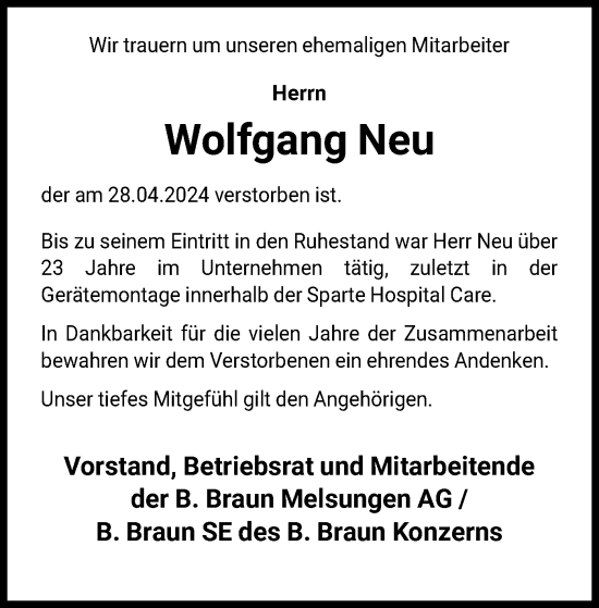 Todesanzeige von Wolfgang Neu von HNA