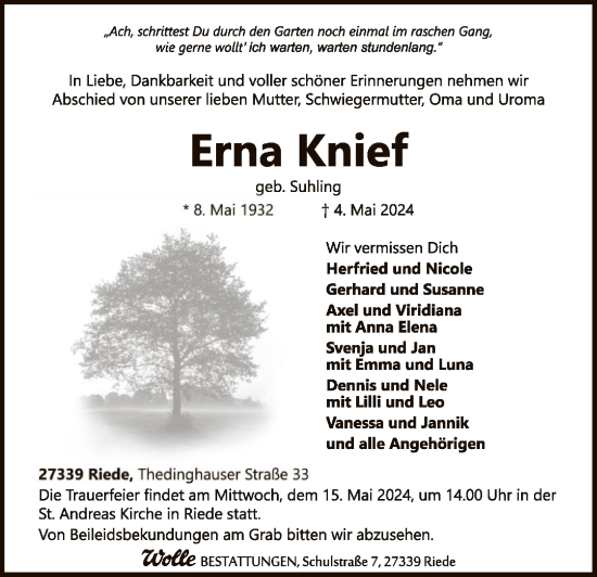 Todesanzeige von Erna Knief von SYK