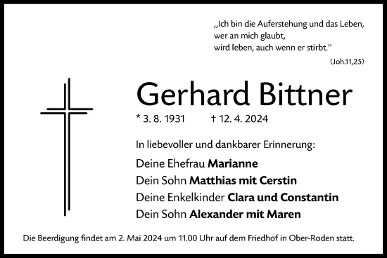 Todesanzeige von Gerhard Bittner von OF