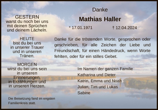 Todesanzeige von Mathias Haller von OF
