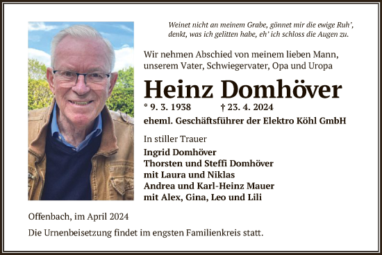 Todesanzeige von Heinz Domhöver von OF