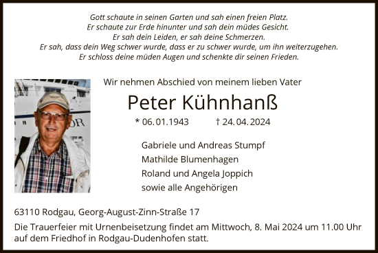 Todesanzeige von Peter Kühnhanß von OF