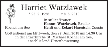 Todesanzeige von Harriet Watzlawek von merkurtz