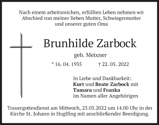 Todesanzeige von Brunhilde Zarbock von merkurtz