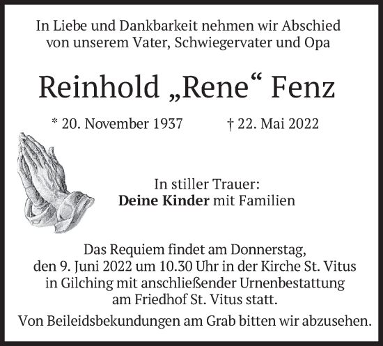 Todesanzeige von Reinhold  Fenz von merkurtz