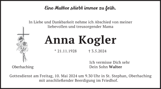 Todesanzeige von Anna Kogler von merkurtz