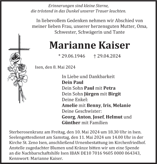 Todesanzeige von Marianne Kaiser von merkurtz