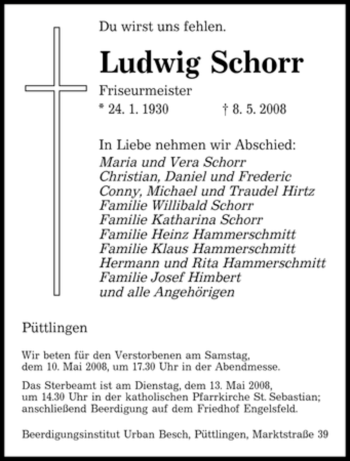 Todesanzeige von Ludwig Schorr von SAARBRÜCKER ZEITUNG