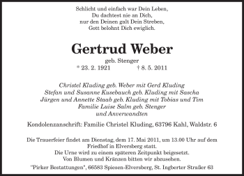Todesanzeige von Gertrud Weber von SAARBRÜCKER ZEITUNG