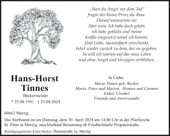 Todesanzeige von Hans-Horst Tinnes von saarbruecker_zeitung