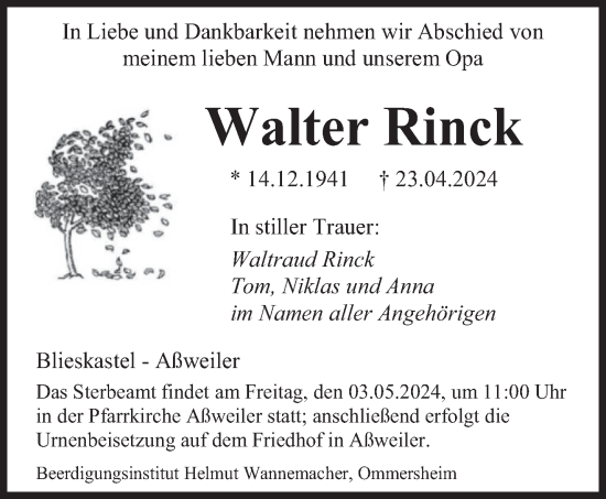 Todesanzeige von Walter Rinck von saarbruecker_zeitung