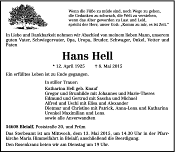 Todesanzeige von Hans Hell von trierischer_volksfreund