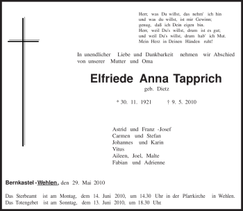 Todesanzeige von Elfriede Anna Tapprich von TRIERISCHER VOLKSFREUND