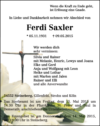 Todesanzeige von Ferdi Saxler von trierischer_volksfreund