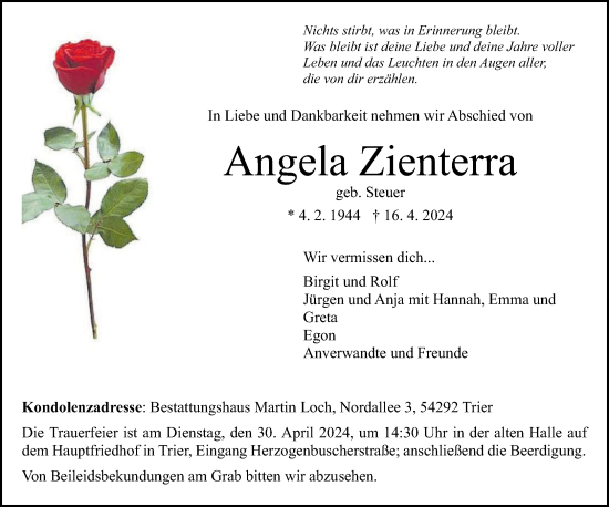 Todesanzeige von Angela Zienterra von trierischer_volksfreund