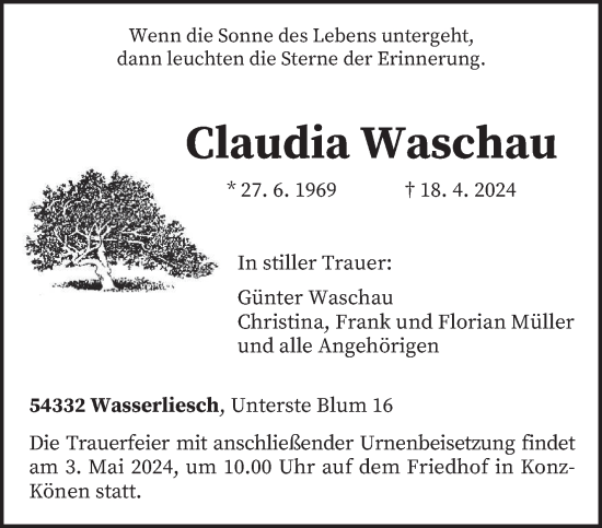 Todesanzeige von Claudia Waschau von trierischer_volksfreund