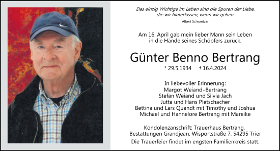 Todesanzeige von Günter Benno Bertrang von trierischer_volksfreund