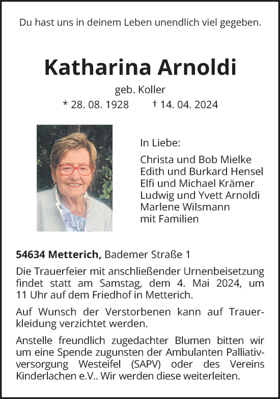 Todesanzeige von Katharina Arnoldi von trierischer_volksfreund