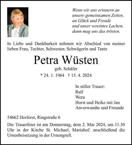 Todesanzeige von Petra Wüsten von trierischer_volksfreund