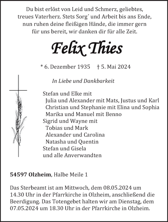 Todesanzeige von Felix Thies von trierischer_volksfreund