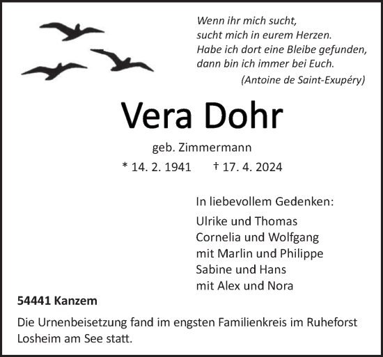 Todesanzeige von Vera Dohr von trierischer_volksfreund