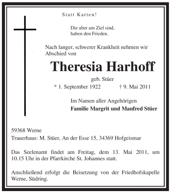 Todesanzeige von Theresia Harhoff von WESTFÄLISCHER ANZEIGER