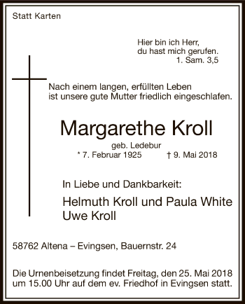 Todesanzeige von Margarethe Kroll von MZV