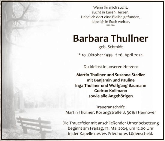 Todesanzeige von Barbara Thullner von WA