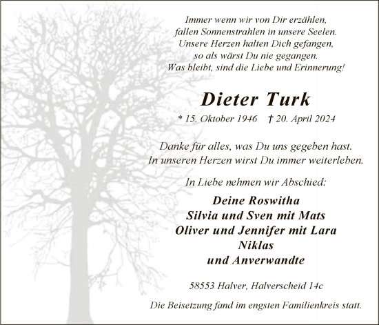 Todesanzeige von Dieter Turk von WA