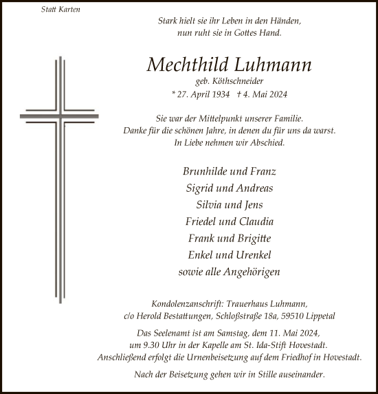 Todesanzeige von Mechthild Luhmann von WA