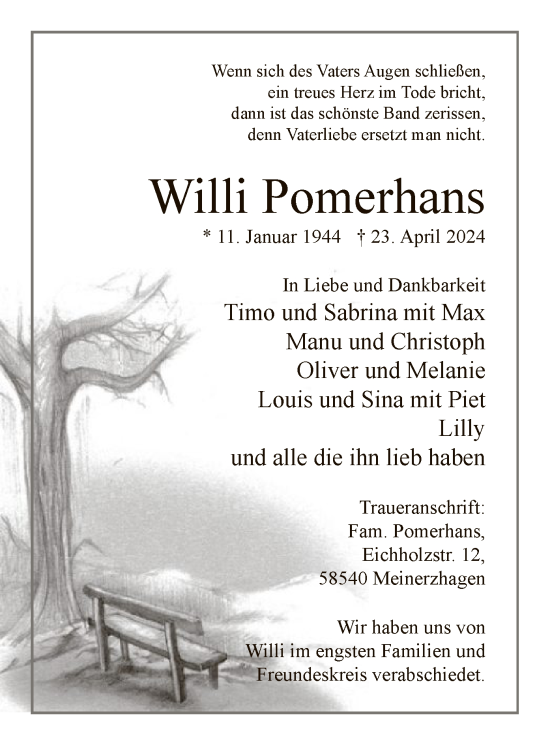 Todesanzeige von Willi Pomerhans von WA