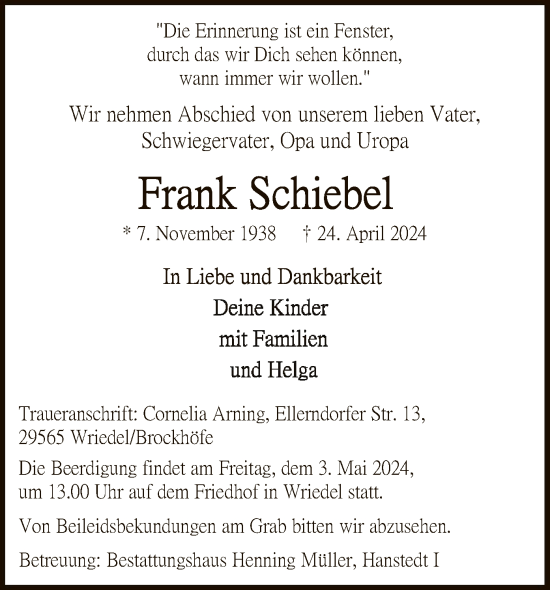 Todesanzeige von Frank Schiebel von UEL