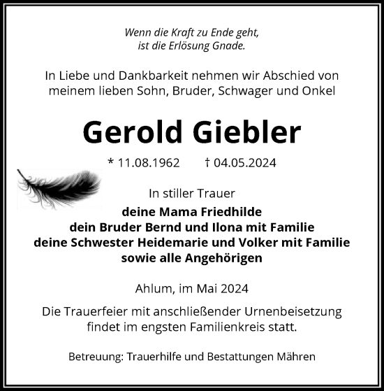 Todesanzeige von Gerold Giebler von UEL