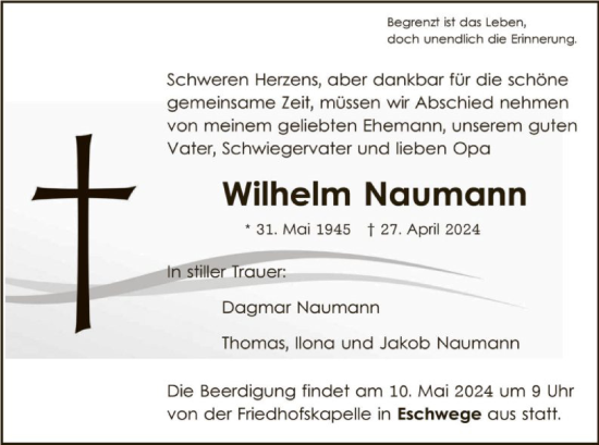 Todesanzeige von Wilhelm Naumann von WRS