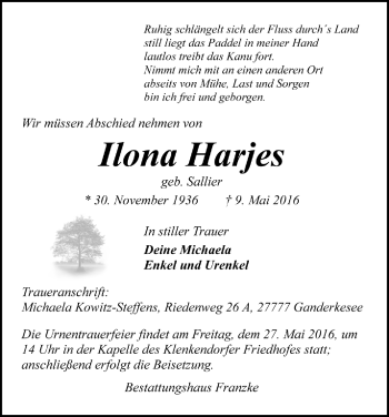 Todesanzeige von Ilona Harjes von Trauer.de
