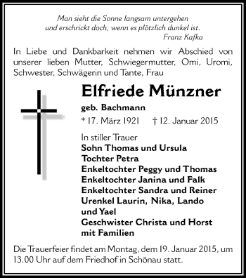 Todesanzeige von Elfriede Münzner von Zwickau
