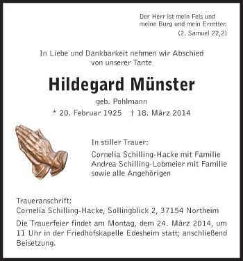 Todesanzeige von Hildegard Münster von HNA