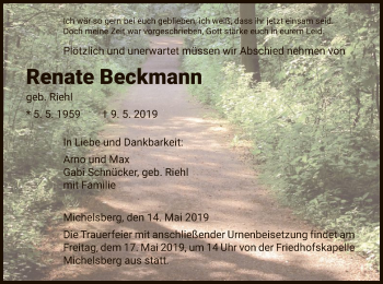 Todesanzeige von Renate Beckmann von HNA