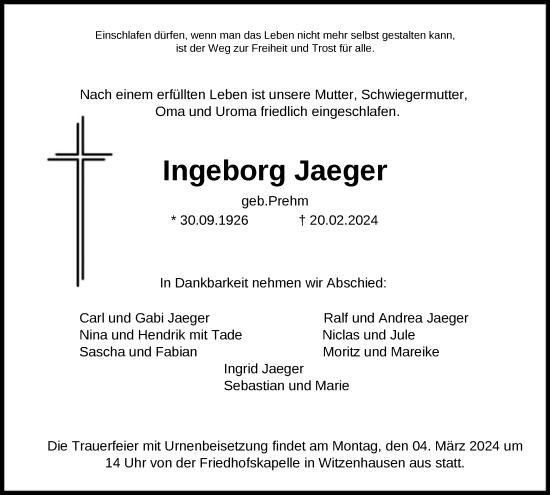 Todesanzeige von Ingeborg Jaeger von HNA