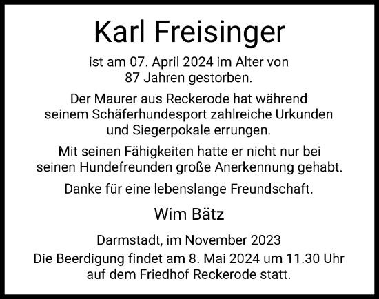 Todesanzeige von Karl Freisinger von HZ