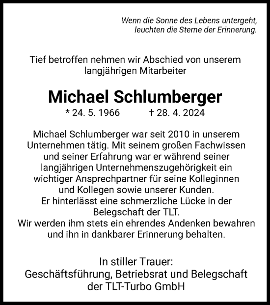 Todesanzeige von Michael Schlumberger von HZ