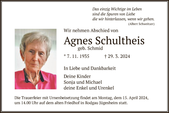 Todesanzeige von Agnes Schultheis von OF